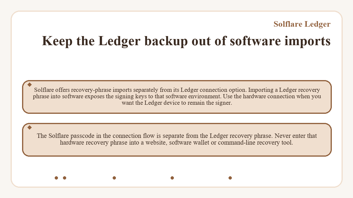 Solflare Ledger: Keep the Ledger backup out of software imports - illustration